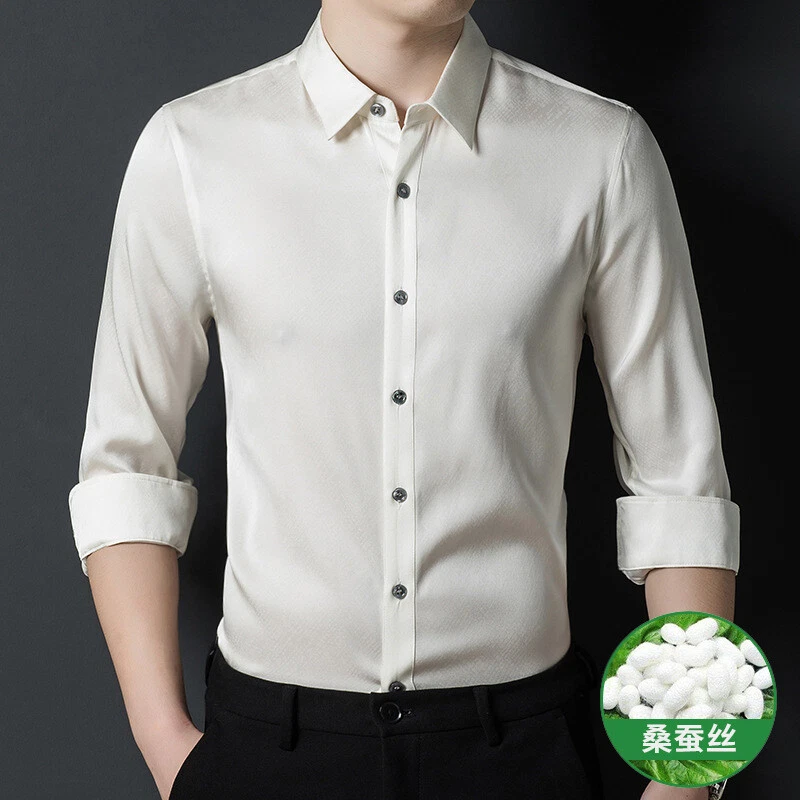 Men's 19 Momme 100% Mulberry Silk Dress Shirt Business Tops Long Sleeve Lapel - Image 1 of 4