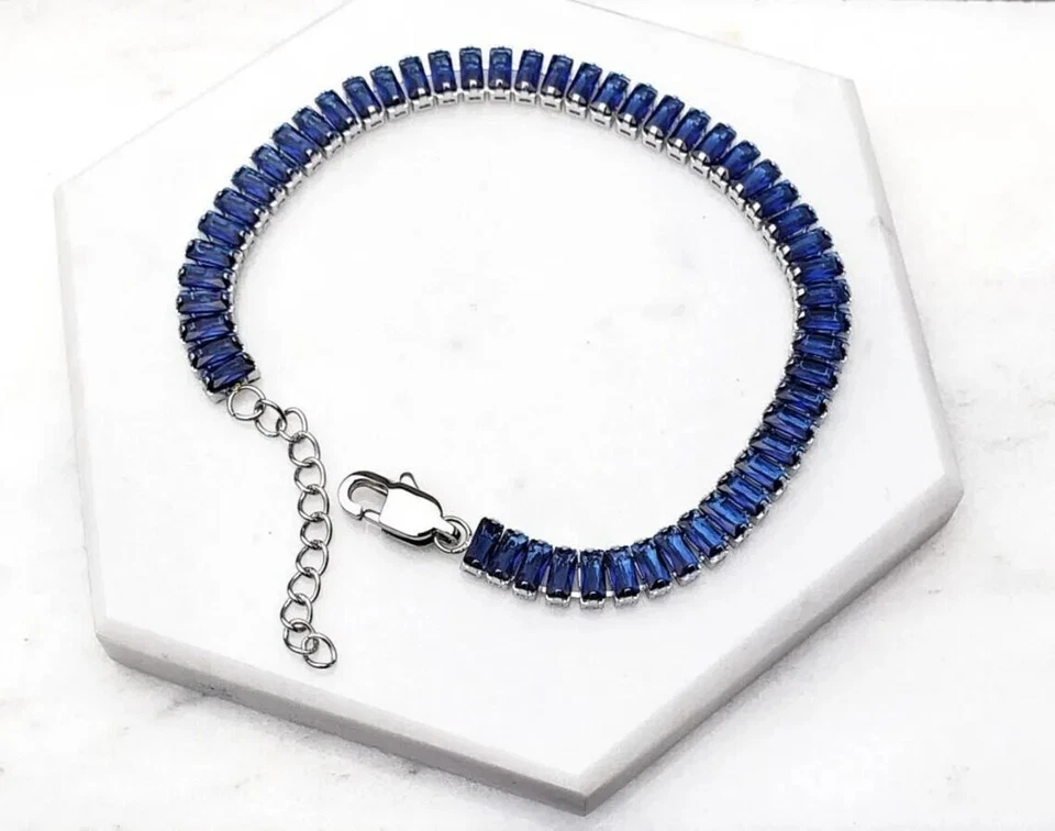 Collar de tenis para hombre de zafiro azul creado por laboratorio Baguette de 5x2,5 mm de plata 925 de 18" Foto 1 de 1