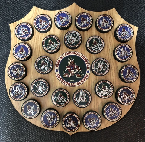 Phoenix Coyotes NHL 1996-1997 Inaugural Season SIGNED PUCK (26) Plaque Tkachuk Cover