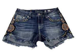 Miss Me Damenshorts niedriger Bund 29 blau 3" Nieten aztekisch Y2K Western ausgefranster Saum - Bild 1 von 24