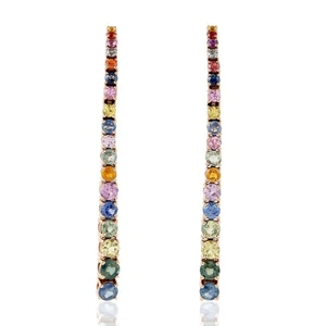 Multi Natural Sapphire Long Stud Earrings 18K Rose Gold Jewelry - Picture 1 of 6