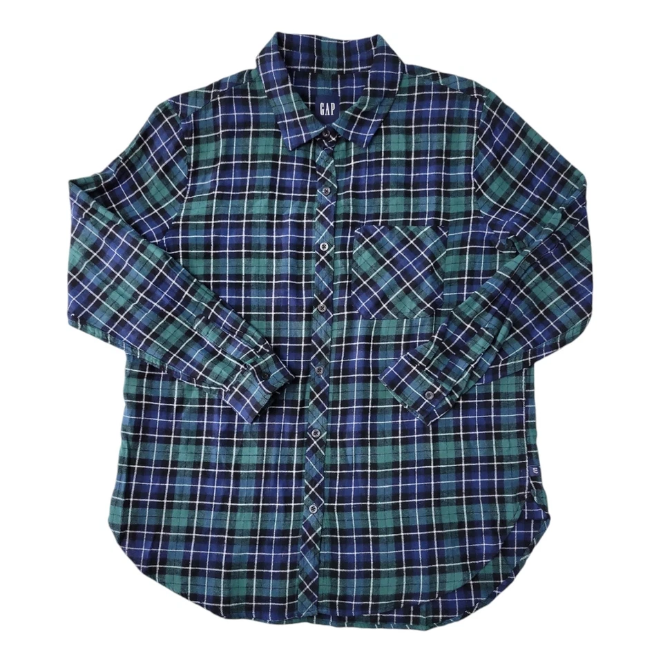 GAP Women's Soft Cotton Relaxed Fit Button Up Flannel Nixie Plaid Green Medium