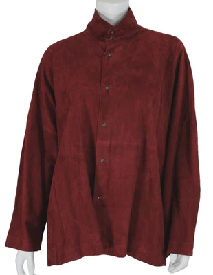 ESKANDAR Burgundy Red Suede Standing Collar Boxy Button-Front Jacket 1 O/S - Image 1 of 4