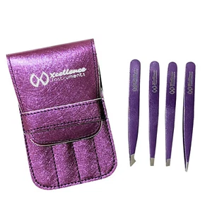 Xcellence 4 Pc Professional Eyebrows Ingrown Hair Removal Tweezers Set With Case - Picture 1 of 12