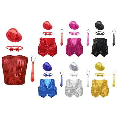 Kids Boys Sparkly Sequins Sleeveless Slim Fit Waistcoat Hip-Hop Dance Vest Tops  - Image 1 of 4