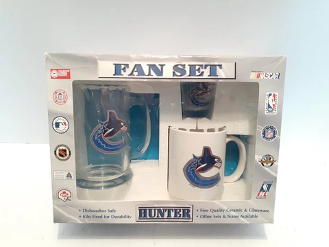 Vintage VANCOUVER CANUCKS Beer Pilsner Glass Shot Glass Mug FAN SET! NEW/SEALED Cover