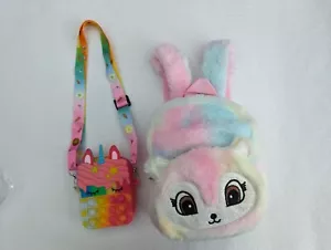 Girls Cute Plush/Fluffy Mini Backpack With Silicone Coin Purse For Girl Gift Set - Picture 1 of 7