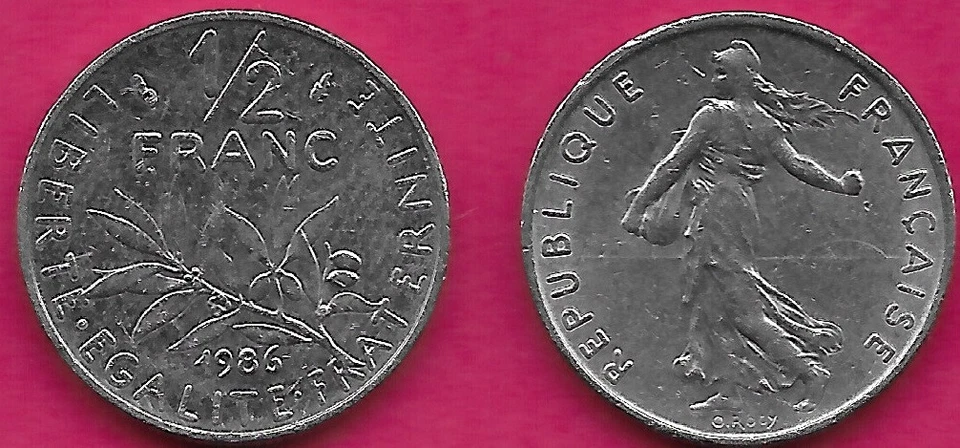 FRANCE 1/2 FRANC 1986 XF,FIFTH REPUBLIC,THE SEED SOWER,DESIGNED BY OSCAR ROTY IN - Image 1 of 1