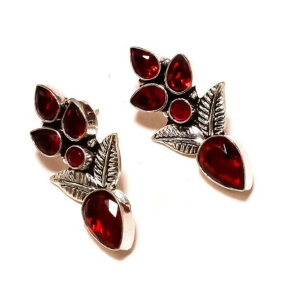 Red Garnet Cut Gemstone Silver Overlay Handmade Feather Drop Dangle Earrings - Image 1 of 3