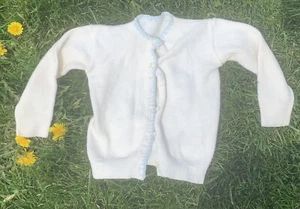 Vtg Baby Cardigan Sweater 3-6 Mod Retro Ivory Blue Trim 70s Buttons** 🦋 - Picture 1 of 8