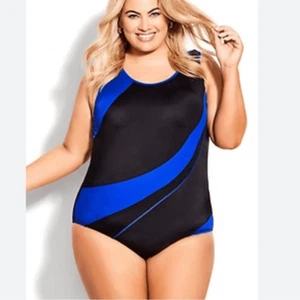 avenue Spliced Racer Back One Piece swim suit black cobalt women's plus 14 NWT - Picture 1 of 4