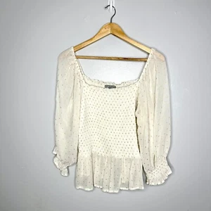 Oliver Bonas Blouse Size 18 Shirred Balloon Puff Sleeves Chiffon Cream Polka Dot - Picture 1 of 9
