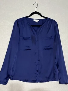 Liz Claiborne Blouse Womens Large Blue Long Sleeve Round Neck Button Up Pockets - Picture 1 of 15