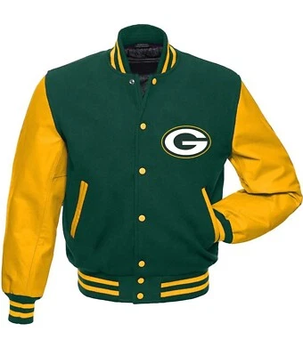 Green Bay Packers Forest Green Body Gold Leather Varsity Jacket - Image 1 of 4