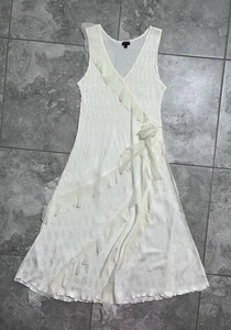 Abito Komarov Charmeuse raso arricciato chiffon midi linea A con volant Y2K avorio L - Foto 1 di 23