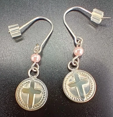 Christian Cross 925 Sterling Silver Dangle Earrings Round NEW Christ Crucifx - Image 1 of 3