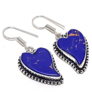 Copper Blue Turquoise Gemstone 925 Sterling Silver Earring 1.6" T255 - Picture 1 of 5