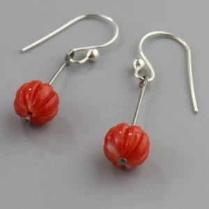 Vintage Tiny Carved Coral Drop Earrings Sterling Silver - Picture 1 of 5