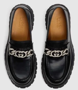 Gucci Men Black Interlocking GG Logo Chain Buckle Lug Sole Loafers G 10 - Picture 1 of 16