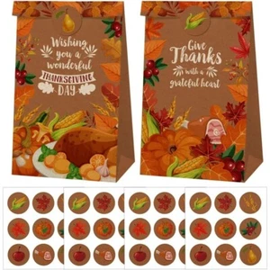 Thanksgiving Treat Bags With Stickers Kraft Paper 24 PIece NEW - Picture 1 of 4