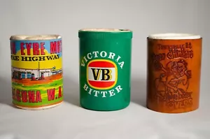 3 X VINTAGE STUBBY COOLER VB VICTORIA BITTER BP JOHN EYRE MOTEL TOWNSVILLE N.Q - Picture 1 of 11