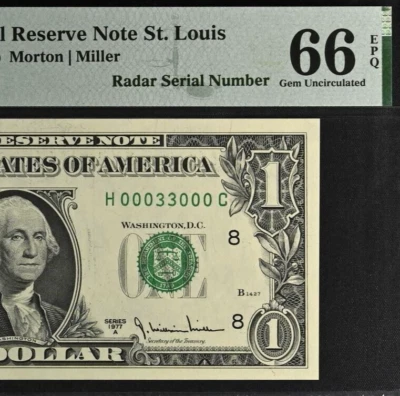 1977A $1 FRN PMG 66EPQ gem birthday super radar serial number 00033000 - Image 1 of 3