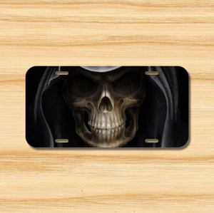 Hooded Skull License Plate Vehicle Auto Tag Skeleton Ghost rider Goth FREE SHIP - Picture 1 of 3