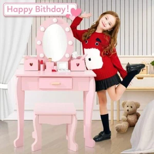 Kids Vanity Set with Mirror 2 in 1 Princess Dressing Vanity Table Toddler Makeup - Picture 1 of 9