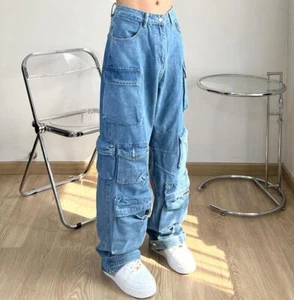 Herren Mehrere Taschen Gerades Bein Freizeithose Denim Blau Jeans Cargohose Punk - Bild 1 von 9