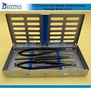 3 pinzas de tijera con soporte de aguja Castroviejo negras 18 cm microcirugía dental - Imagen 1 de 5