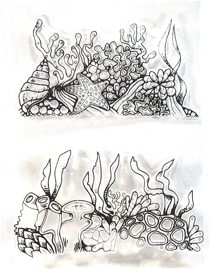 Hoja de estampillas transparentes de arrecife de algas coral conchas marinas vida marina océano mar 6" x 8" Foto 1 de 1