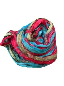Recycled Sari Silk Ribbon Yarn -Red, Gold, Blue Shaded -50 GMS - Boho Ribbon - Picture 1 of 5