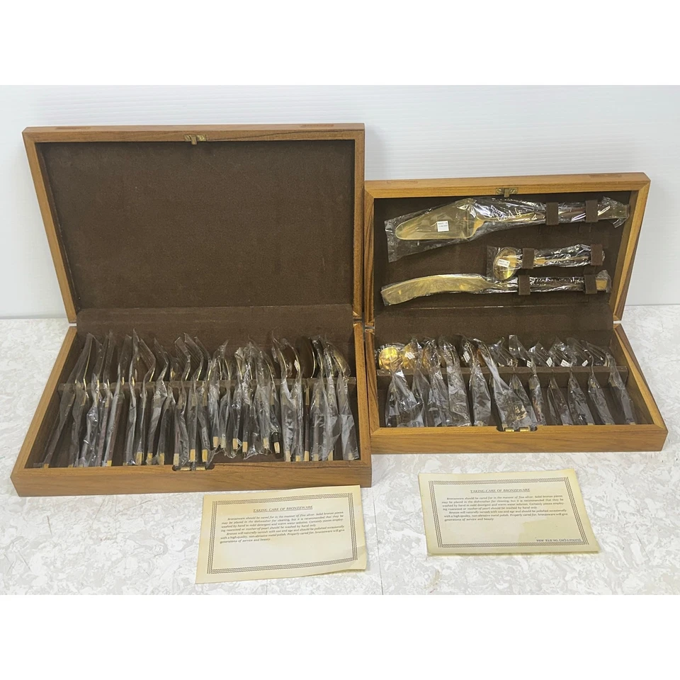 Thai Vintage MCM Bronze/Brass & Rosewood 39-PC Flatware Set w/Cases-Never Used - Image 1 of 4