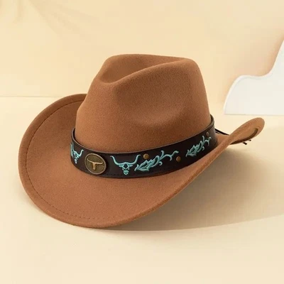 Light Brown Western Cowboy Hat Bull & Turquoise Band Adjustable Felt Wide Brim - Image 1 of 3