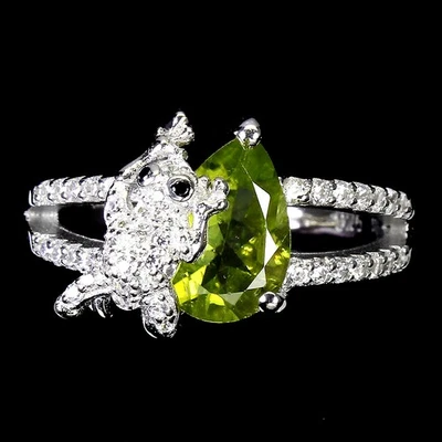 925 Sterling Silver Ring Pear Peridot 9x7mm Frog Natural Gemstone Jewelry - Image 1 of 4