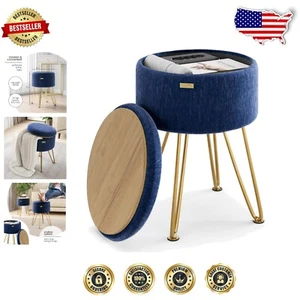 Compact Round Storage Ottoman in Blue Velvet - Stylish Footstool for Living Room - Picture 1 of 11