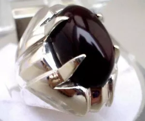 Yemeni Aqeeq Stone Mens Ring Dark Red Agate Ring Size 9 Sterling Silver Aqiq - Picture 1 of 5