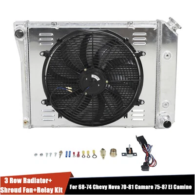 Radiator 3Row+Shroud Fan+Relay For 68-74 Chevy Nova 70-81 Camaro 75-87 El Camino - Imagem 1 de 4