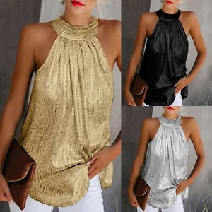 Sexy Damen Ärmellose Bluse Glitzer Riemchen Neckholder Cami Top Abend Party Top - Bild 1 von 13