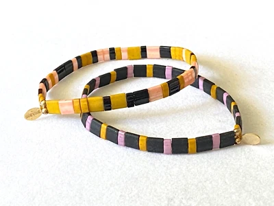 SHASHI Pink Black Yellow Gold Tone TILU Elastic Stretch 2 Bracelet Set - Image 1 of 4