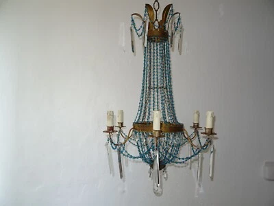 ~Lámpara Tole con cuentas de vidrio azul imperio italiano prismas de cristal, c 1900~ Foto 1 de 4