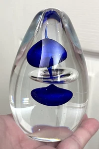Handblown Art Glass Egg Shaped Paperweight Encased Cobalt Blue abstract shapes - Picture 1 of 4