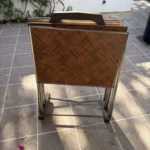 vintage mid-century modern set of four faux wood metal TV tray tables w / stand  - Picture 1 of 13