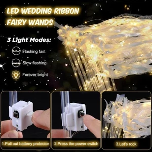 100 Wedding Wands Ribbon Streamers with Bells LED Fairy Light up Silk Fairy Wand - Picture 1 of 8