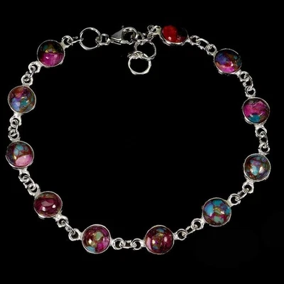 925 Sterling Silver Bracelet Round Kingman Turquoise 6mm Gemstone Jewelry 7in - Image 1 of 4