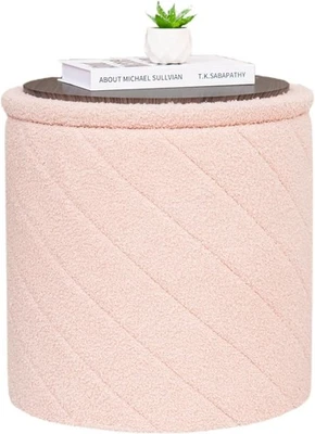 Pink Boucle Storage Ottoman Round Folding Footstool Tray-Top Vanity Seat - Image 1 of 4