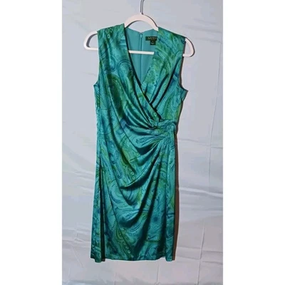 Lauren Ralph Lauren Womens Blue Green Paisley Sleeveless Faux Wrap Midi Dress 8 - Image 1 of 4