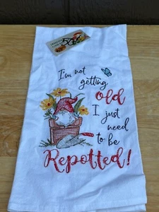 Gnome-Themed Embroidered Flour Sack Dish Towel 16x28" 100% Cotton Cracker Barrel - Picture 1 of 6