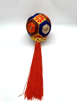 Traditional Temari Ball with Embroidered Design and Orange Tassel Japanese-style - Image 1 of 4
