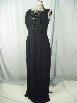 SYLVIA ANN Vtg 60s Black Crepe Illusion Sequin Bow Party Long Dress-Bust 36/XS-S - Image 1 of 4